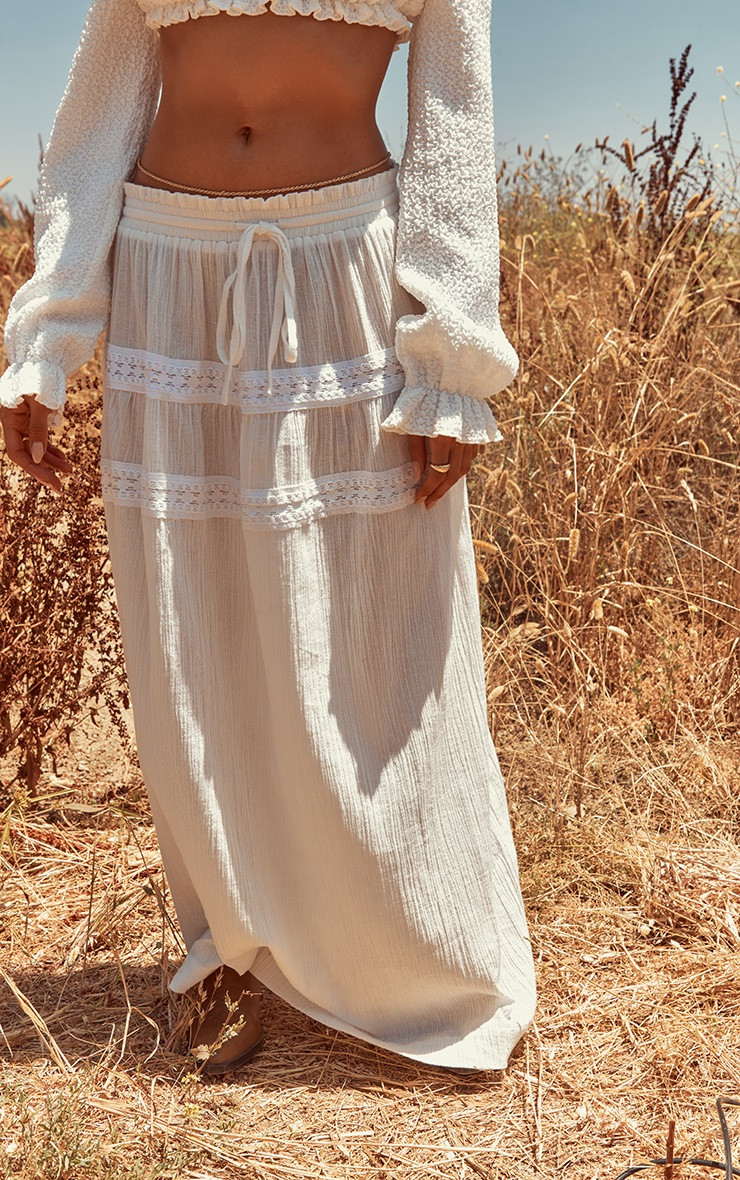 White Trim Cheesecloth Drawstring Waist Maxi Skirt | PrettyLittleThing UK