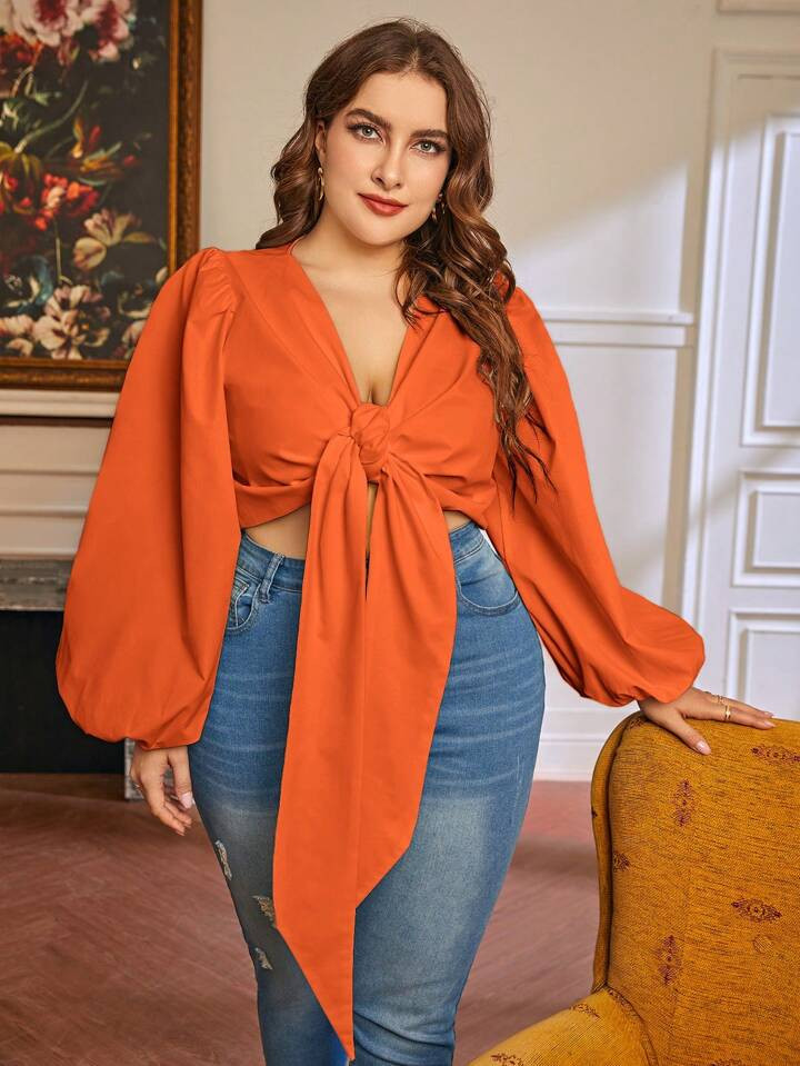 SHEIN Privé Plus Lantern Sleeve Knot Front Crop Top | SHEIN USA | SHEIN