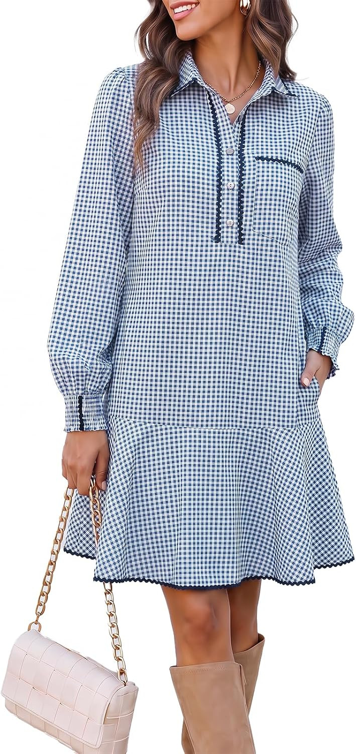 Wenrine Womens Long Sleeve Mini Dress Fall Casual Plaid Shirt Dresses | Amazon (US)