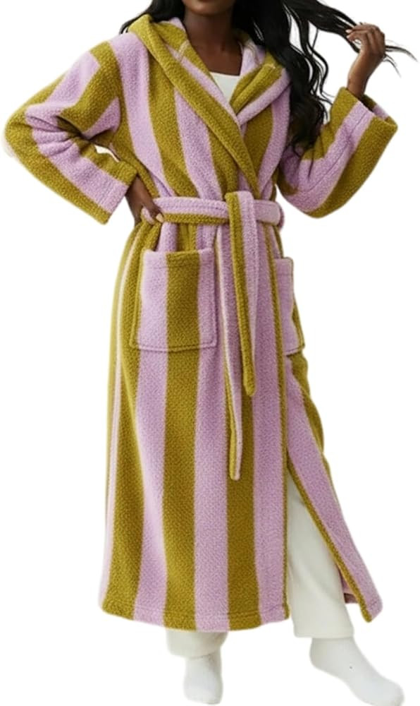 Verdancy Hooded Plush Fleece Bathrobe, Piped Striped Robe with Large Pockets & Belt, Warm Long Lo... | Amazon (US)