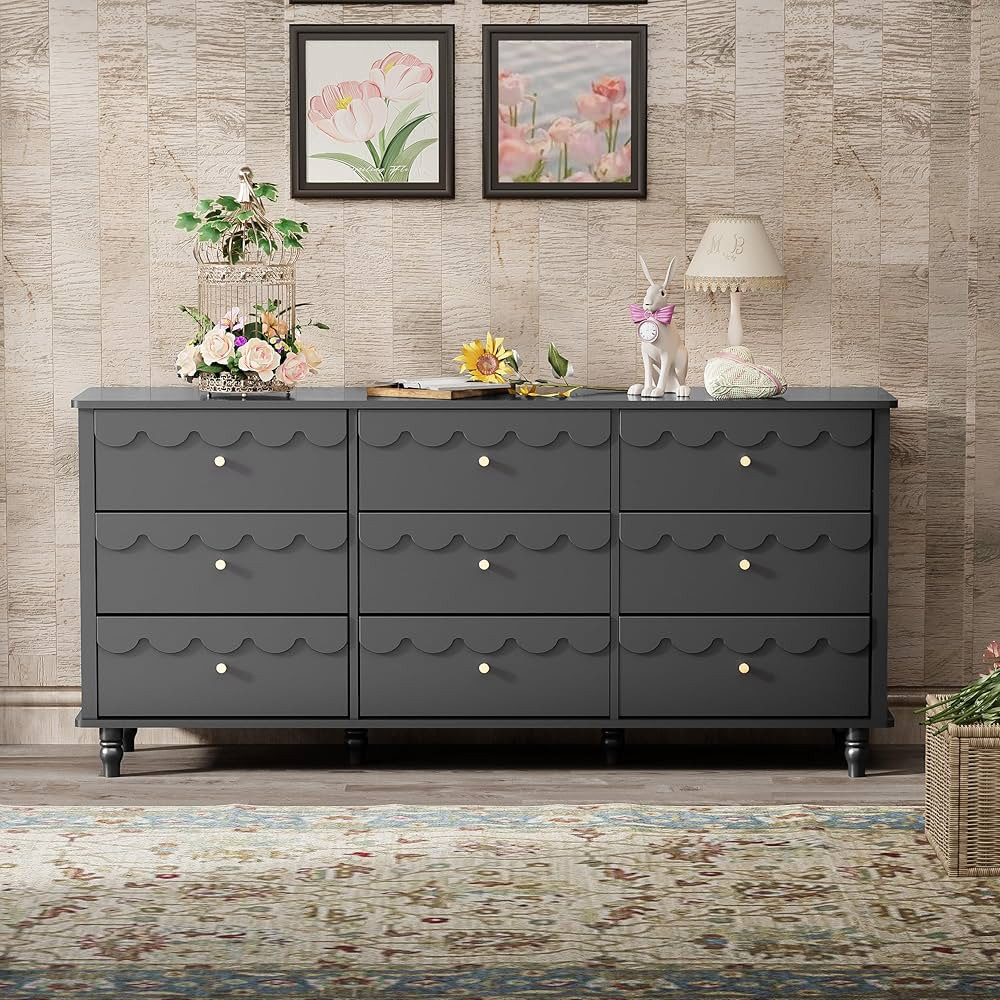Anbuy Black 9 Drawer Dresser for Bedroom, Modern Wide Long Chest of Drawers, Scalloped Organizer ... | Amazon (US)