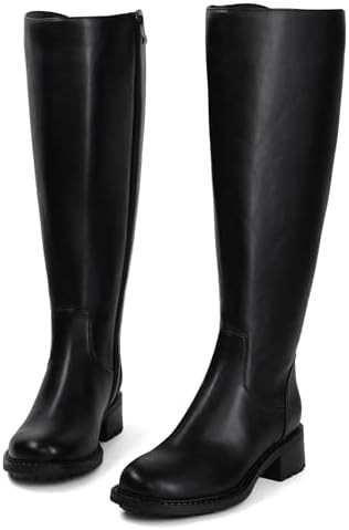 USIMAD Knee High Boots for Women Round Toe Tall Flat Low Chunky Heel Long Riding Boots | Amazon (US)