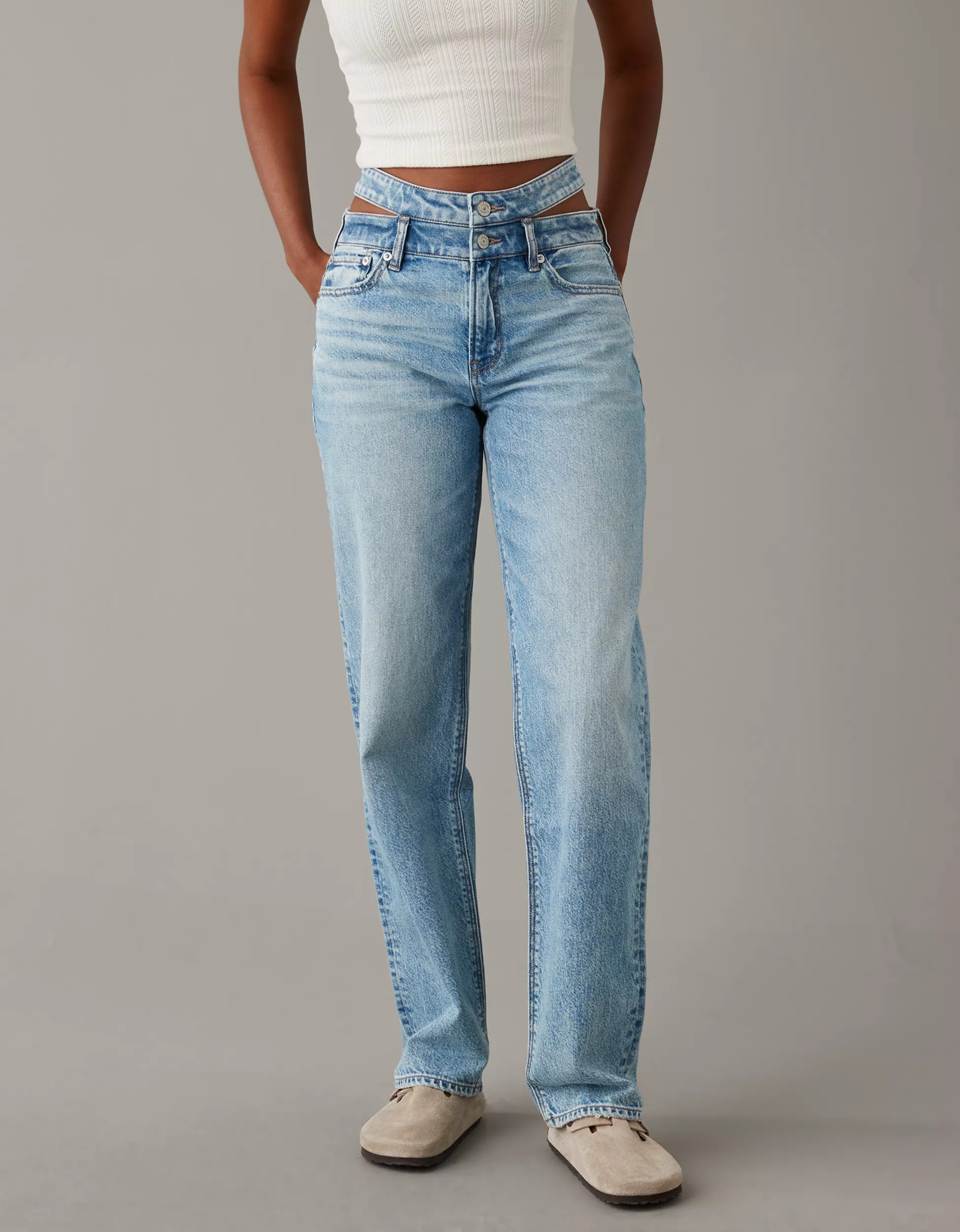 AE Strigid Super High-Waisted Baggy Straight Cut-Out Jean | American Eagle Outfitters (US & CA)
