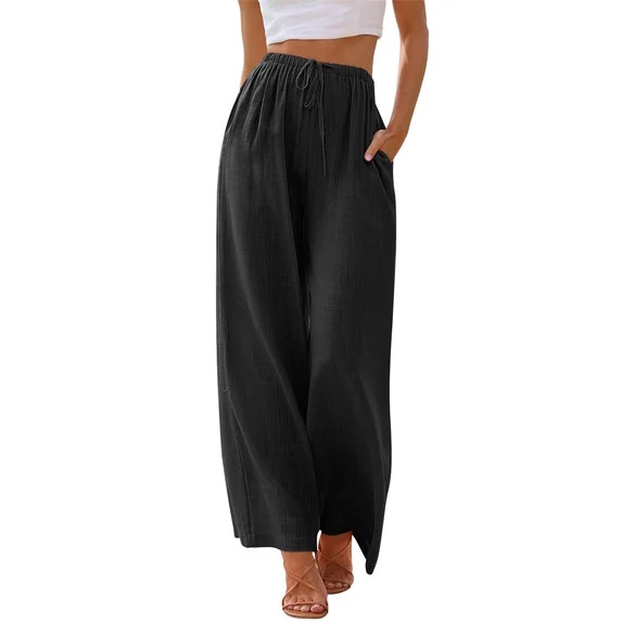 TEMOFON Pants for Women Wide Leg Linen Pant Black Summer Casual Palazzo Flowy Pants with Pocket D... | Walmart (US)