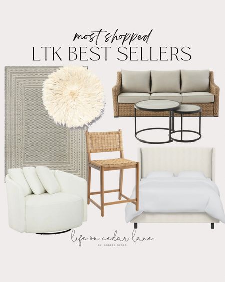 Best sellers in home decor this week: neutral rug, white swivel chair, outdoor patio seating, tilly upholstered bed frame, rattan counter stool, bedroom wall decor

#LTKhome #LTKfindsunder100 #LTKstyletip