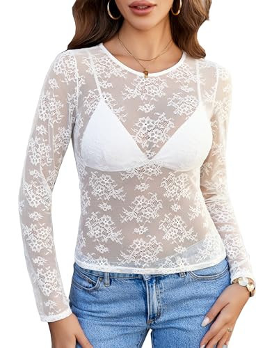 Avidlove Lace Mesh Top for Women Long Sleeve Crew Neck Sheer Blouse See Through Floral Lace Tops White XX-Large | Amazon (US)