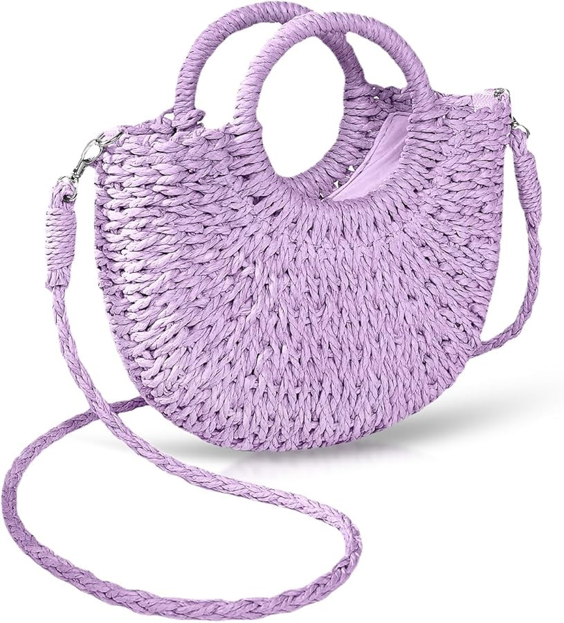 Mini Semi-circle Rattan Straw Bag, Hand-woven Women Summer Retro Beach Tote Shoulder Bag Crossbod... | Amazon (US)
