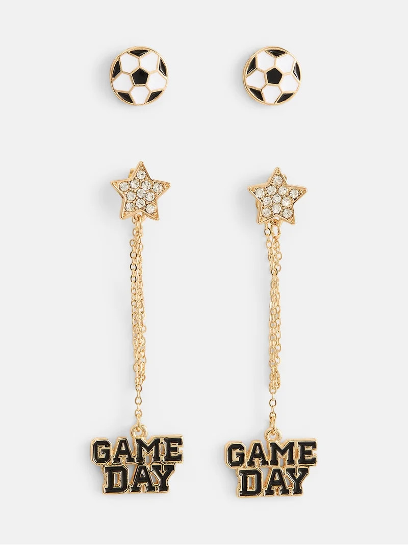No Boundaries Women's Gold Tone Game Day Soccer Studs and Star Drop Earrings Set, 2 Pairs | Walmart (US)