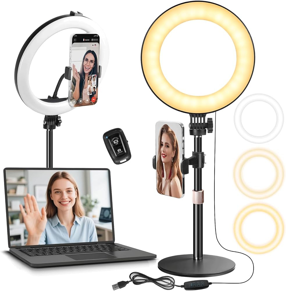 MACTREM Anillo de luz de escritorio de 10 pulgadas con soporte, luz LED de halo circular de escri... | Amazon (US)