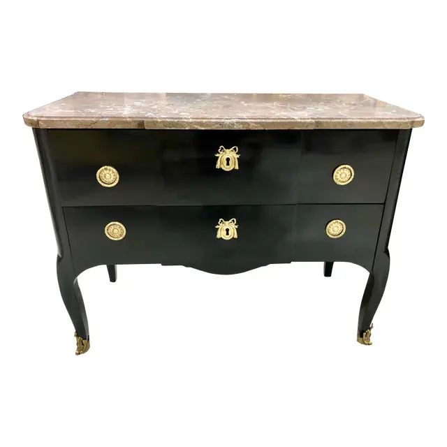 Louis XVI Style Black Lacquered 2 Drawer Commode | Chairish