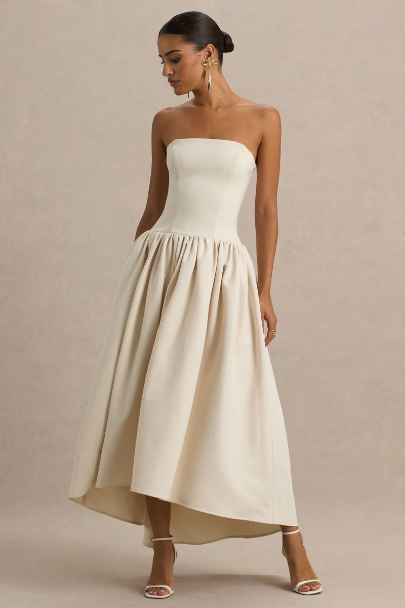 Candice | Cream Bandeau Volume Midi Dress With Back Bow Detail | Club L London