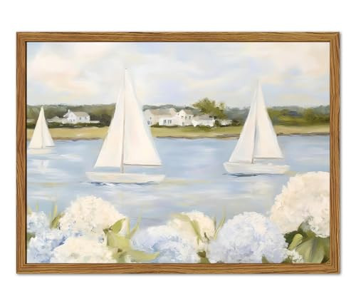 Framed Vintage Hydrangea Floral Wall Art, Blue Coastal Sailboat Pictures Wall Decor, Summer Nautical Landscape Paintings Canvas Prints Artwork for Home Living Room Bedroom 12x16 inch | Amazon (US)