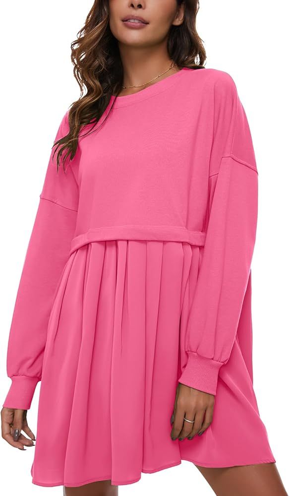 Flygo Womens Oversized Sweatshirt Dress Crewneck Patchwork Long sleeve Pullover Tunic Flowy Pleat... | Amazon (US)