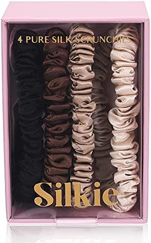 SILKIE x4 Set 100% Pure Mulberry Silk Black Brown Skinny Scrunchies Travel Pouch Everyday Hair Ti... | Amazon (US)
