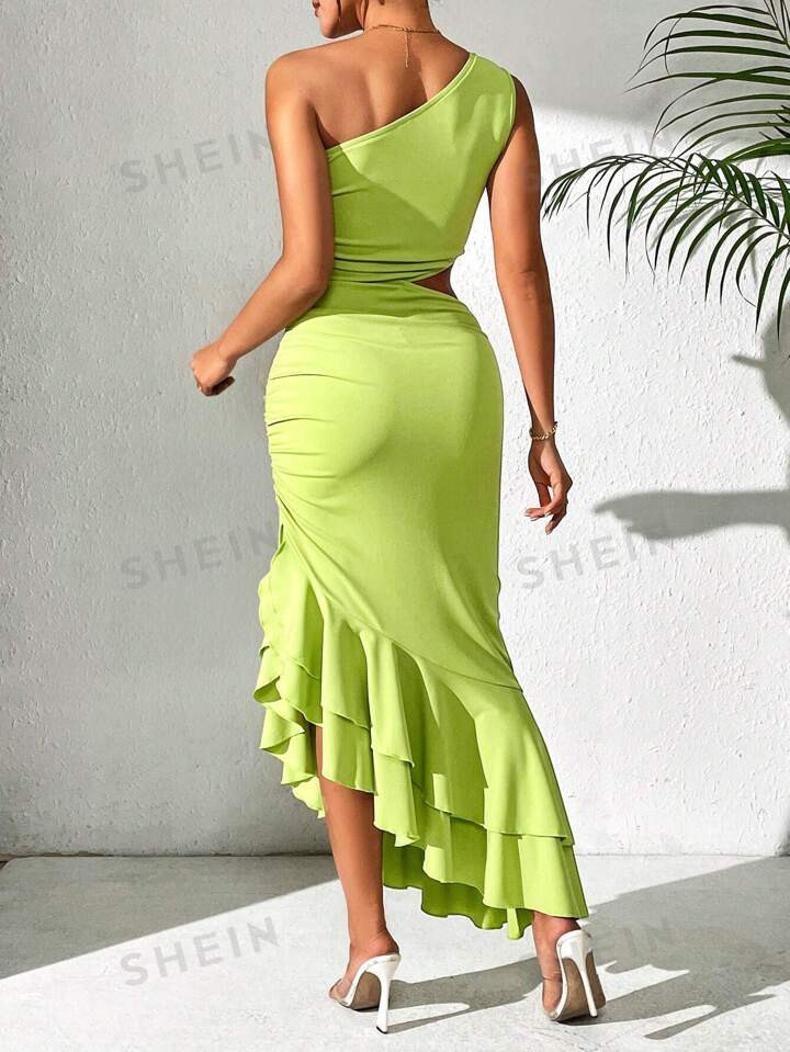 SHEIN Privé Women's One Shoulder Sleeveless Hollow Out Waist Ruffle Hem Dress | SHEIN