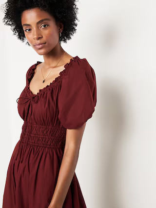 Fit & Flare Puff-Sleeve Midi Dress | Old Navy (US)