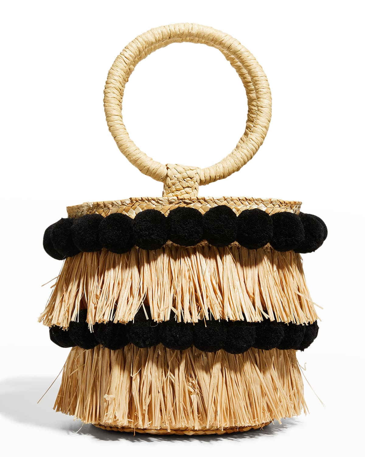 Liv Fringe Pompom Ring Top-Handle Bucket Bag | Neiman Marcus