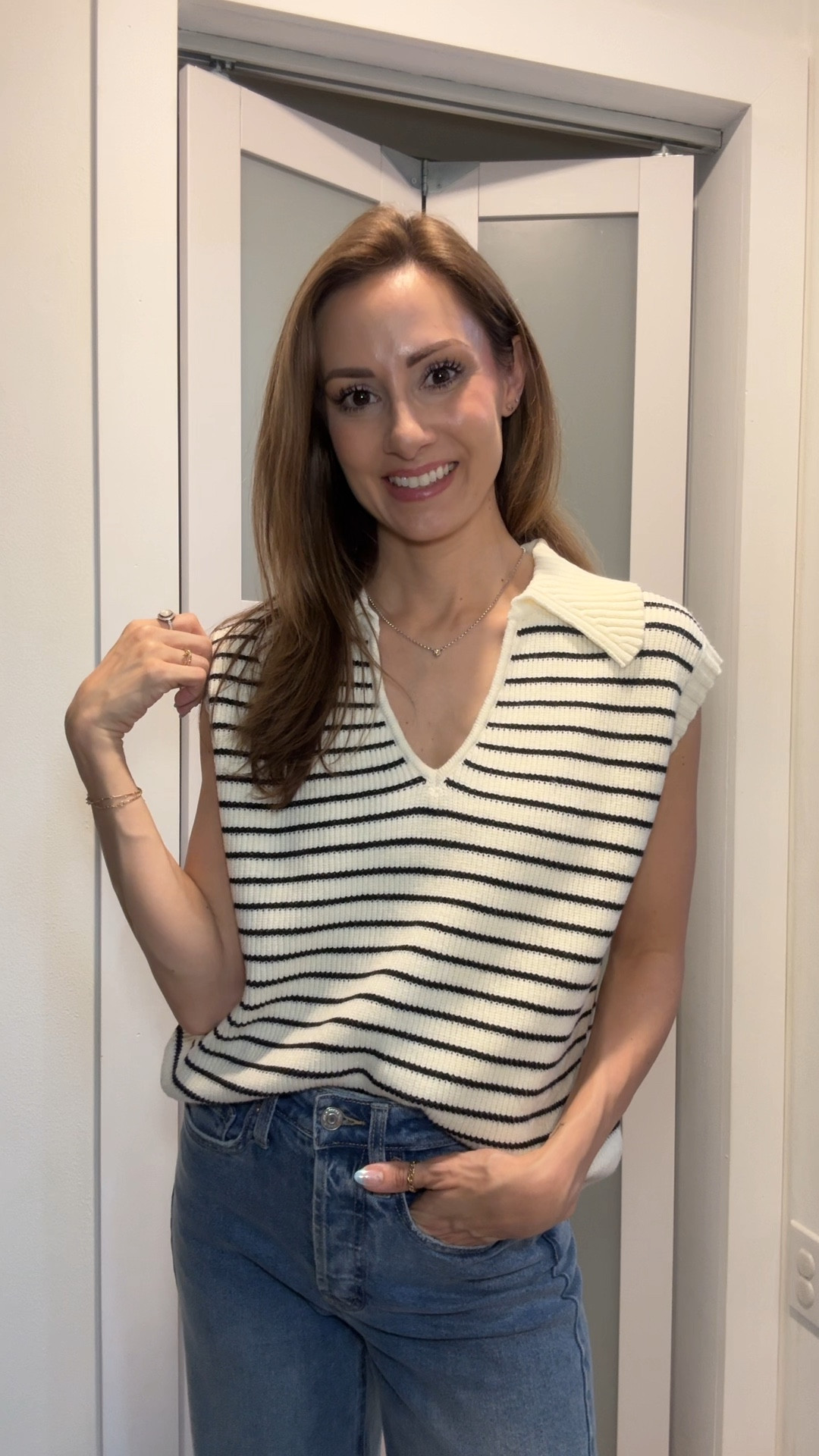 I love this collared sweater tank that I recently got from Amazon! A brand sent it and I love it! It has cap sleeves, a dramatic collar, v-neck, and it’s perfect length to front tuck without a lot of bulk! My jeans are from last year but target has a very similar pair that I also have and love so I’ll link. I always size down to a 00 in target! Sandals are a top-selling fave I have in two colors and I’m going back for black! Tts!

#LTKFindsUnder50 #LTKBacktoSchool #LTKVideo