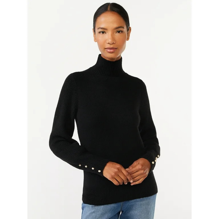 Scoop Women's Turtleneck Sweater with Faux Pearl Button Cuffs, Midweight, Sizes XS-XXL | Walmart (US)