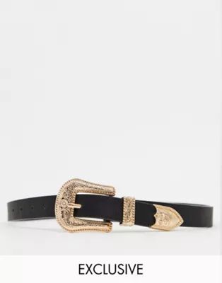 My Accessories London Exclusive waist and hip jeans belt with oversized gold western buckle waist... | ASOS (Global)