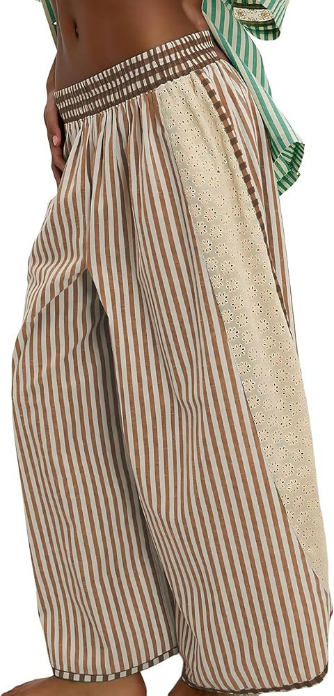 Athlisan Womens Summer Casual Loose Striped Wide Leg Lounge Pants Elastic Waist Palazzo Trousers | Amazon (US)