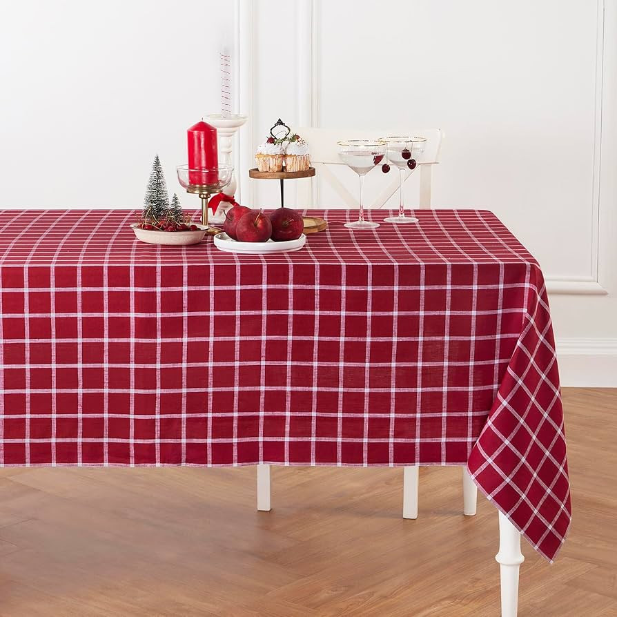 Solino Home Linen Plaid Tablecloth 60 x 90 Inch - 100% Pure Linen Windowpane Red Table Cloth for ... | Amazon (US)