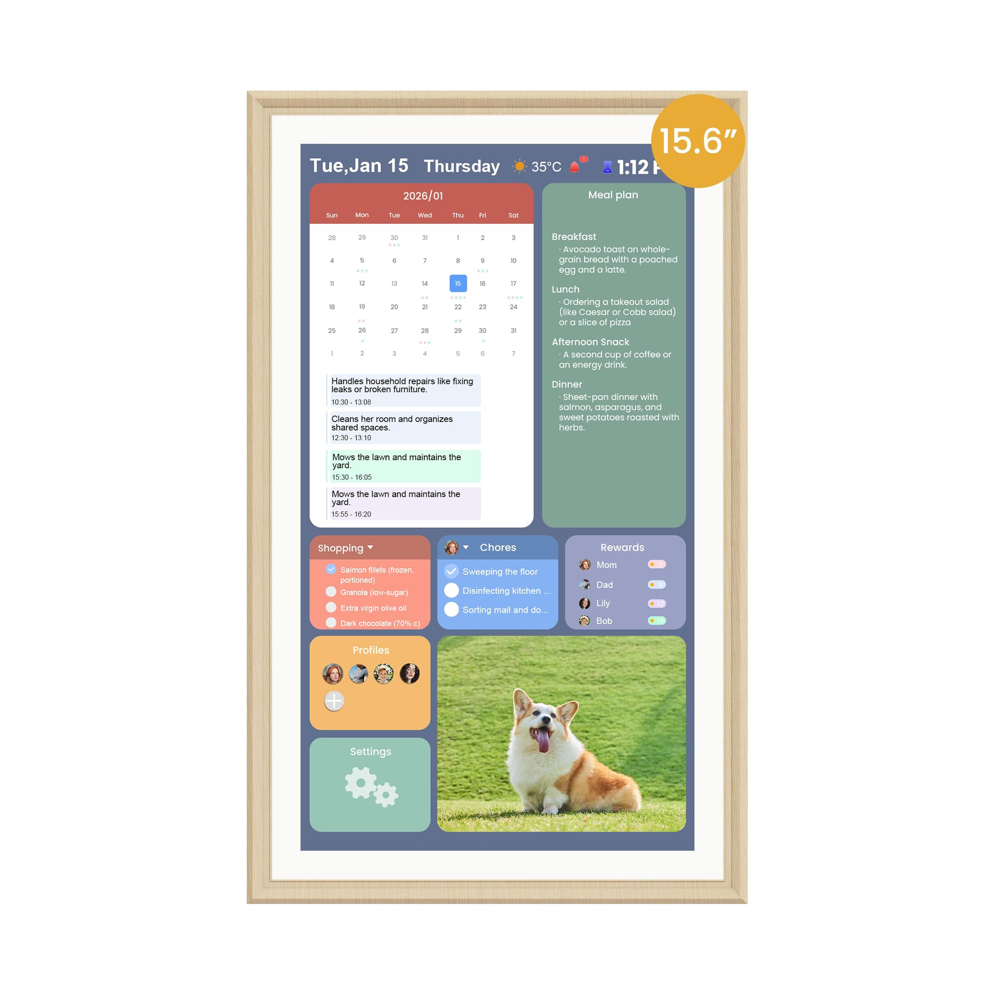 15.6-Inch Smart Digital Calendar & Photo Frame for Family, Wall Planner with Light Wood Frame, Auto-Sync to Apple, Google & Outlook, Touchscreen Display with Chore Chart, To-Do Lists & Meal Planner, No Subscription | Amazon (US)