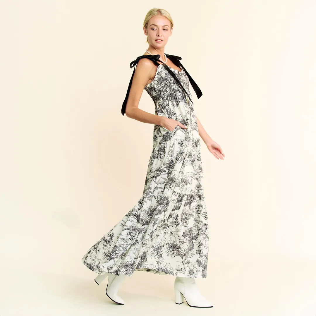 Black and White Toile Maxi Dress, Vintage Inspired Sleeveless Dress With Bow Straps, Boho Summer ... | Etsy (US)