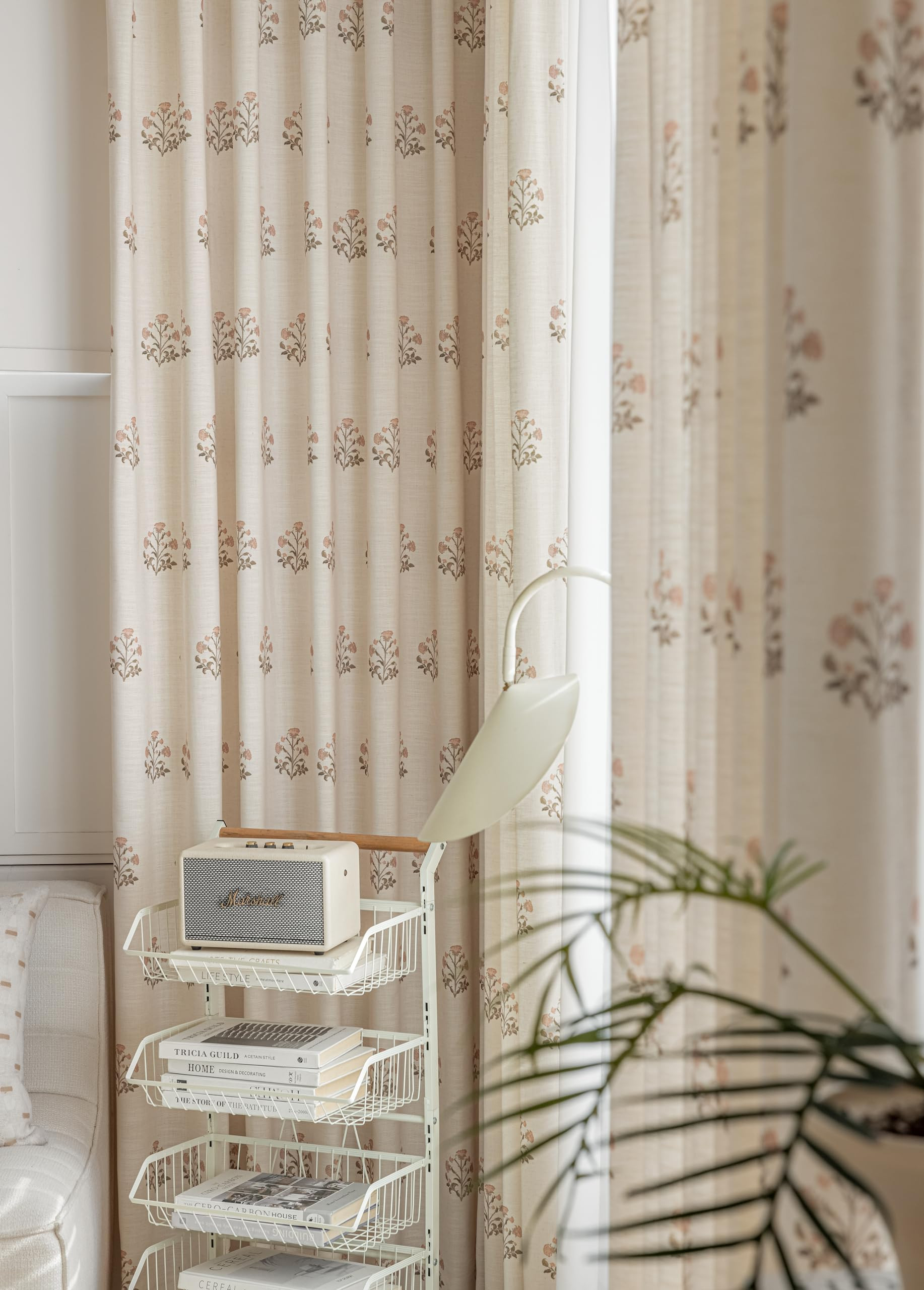 DrapePalette - Linen Blend Pinch Pleated Curtains for Living Room, Bedroom, Dining Room - Light Filtering Curtains 2 Panels Set - Luxury and Modern Floral Printed Design - Beige White, 30" W x 84" L | Amazon (US)