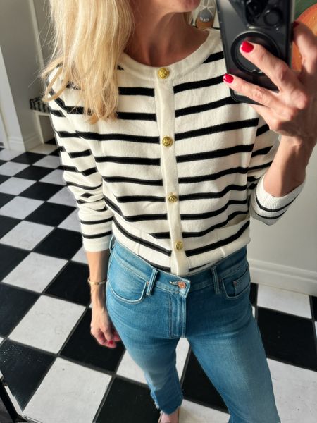 Amazon striped cardigan in black and cream tucked into these Mother jeans. Loving this sweater. Comes in many colors and is tts. Mother jeans are new and on sale! Also linking my loafers, which you can’t see here 😃. I’m in a small in the top. Jeans - TTS. 

#LTKfindsunder50 #LTKstyletip