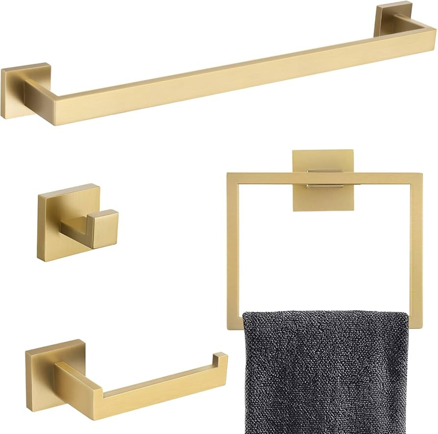 Brushed Gold Bathroom Towel Bar Sets Premium Stainless Steel 4-Piece Bathroom Hardware Set Wall M... | Amazon (US)