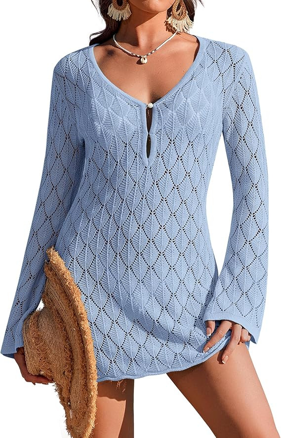 Ekouaer Swimsuit Coverup for Women Crochet Beach Cover Up Hollow Out Long Sleeve Cover Ups 2026 S... | Amazon (US)