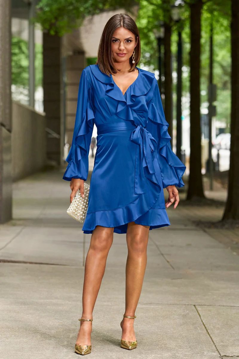 Surplice Ruffle Wrap Dress Classic Blue | Boston Proper
