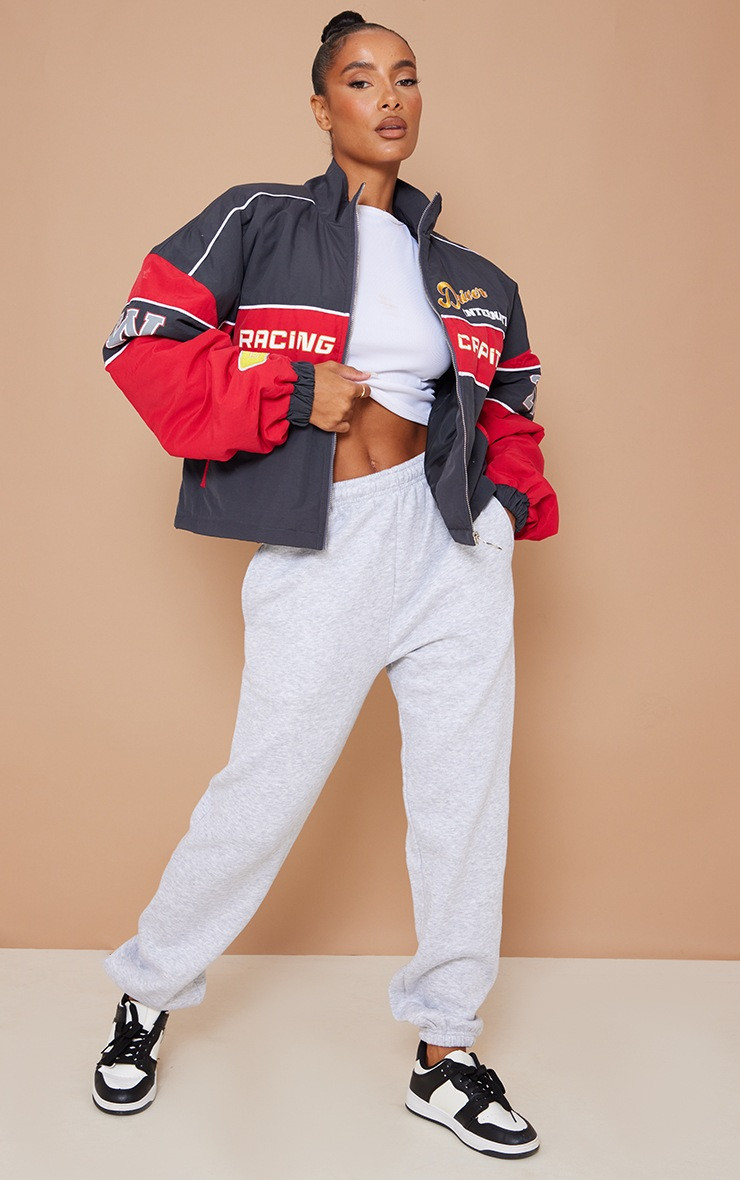 Red Oversized Graphic Zipped Racer Bomber Jacket | PrettyLittleThing US