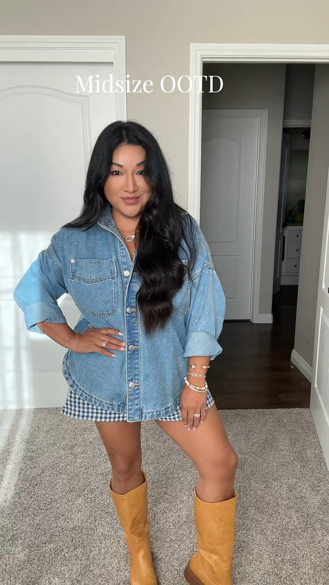 I’m 5’2” 165 lbs 

Denim Jacket - medium , fits oversized 

Checkered shorts - large , fits a tad bit roomy and elastic waist , I could’ve worn a medium for tighter fit 

Banana Yellow Boots - I’m wearing size 8 and fits my 15” calves 

#LTKootd #LTKFindsUnder50 #LTKMidsize