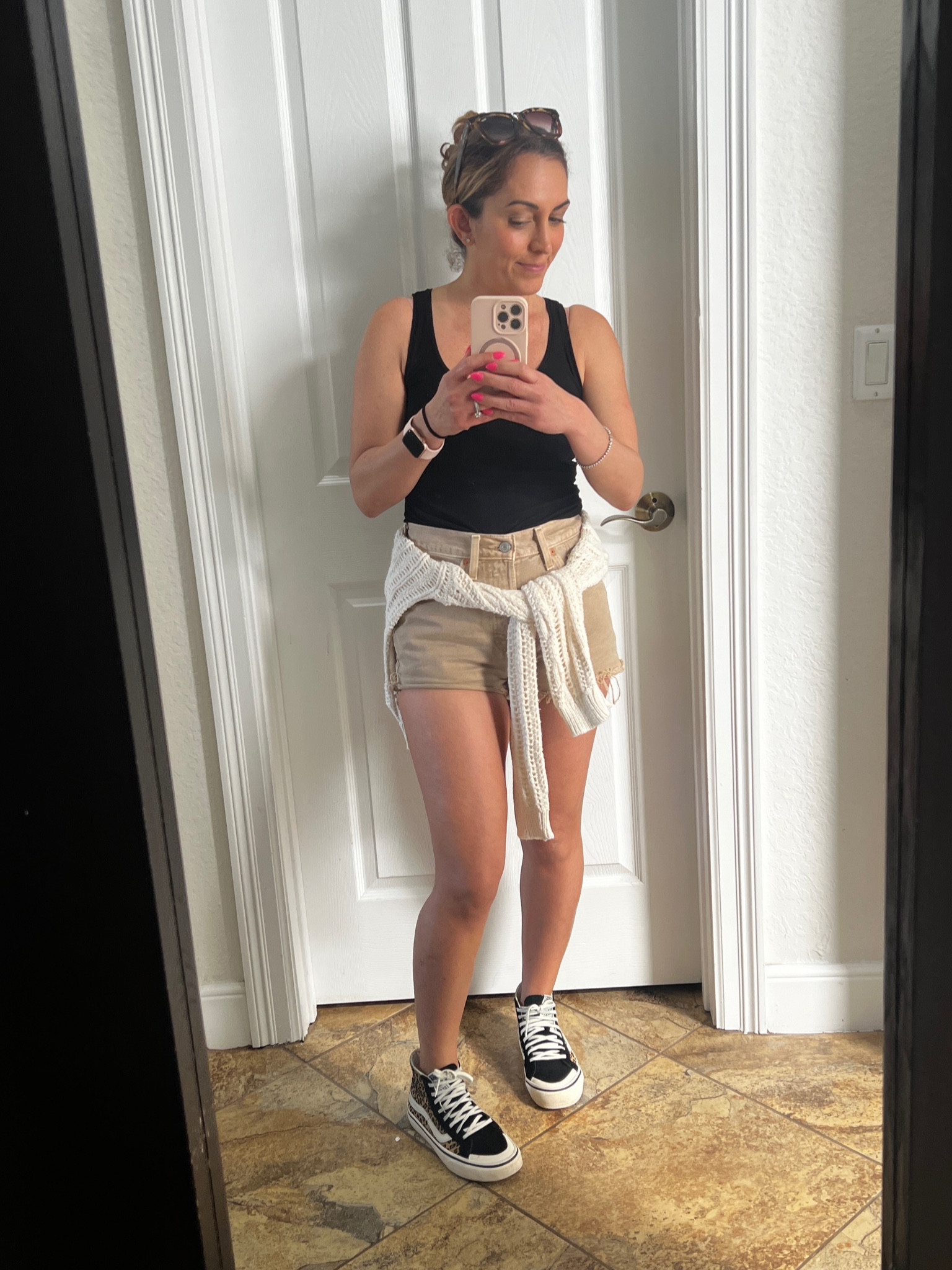 Typical #baseball mom outfit. Black tank, camel denim shorts, vans high tops, crew neck sweater and quay shades! Boom! ⚾️

#LTKSeasonal #LTKfitness #LTKstyletip