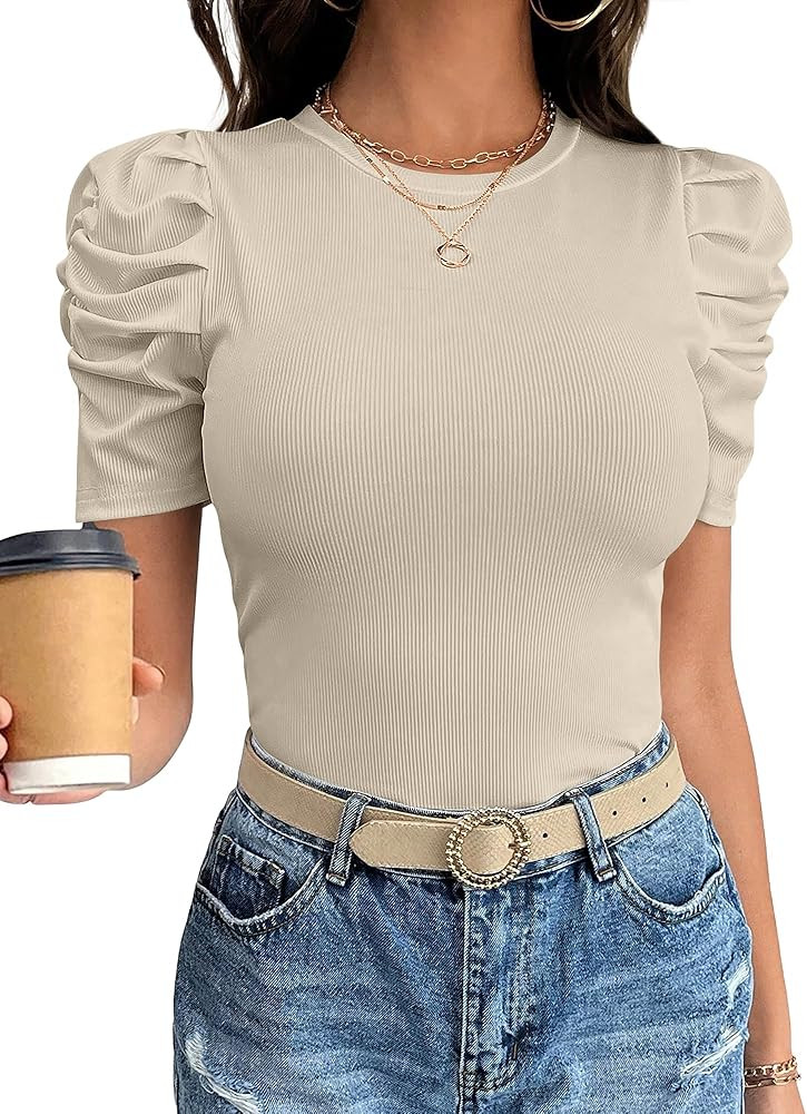 ANRABESS Women Puff Short Sleeve Crewneck Dressy Casual Tops Summer Fitted Ribbed Knit Trendy Wor... | Amazon (US)