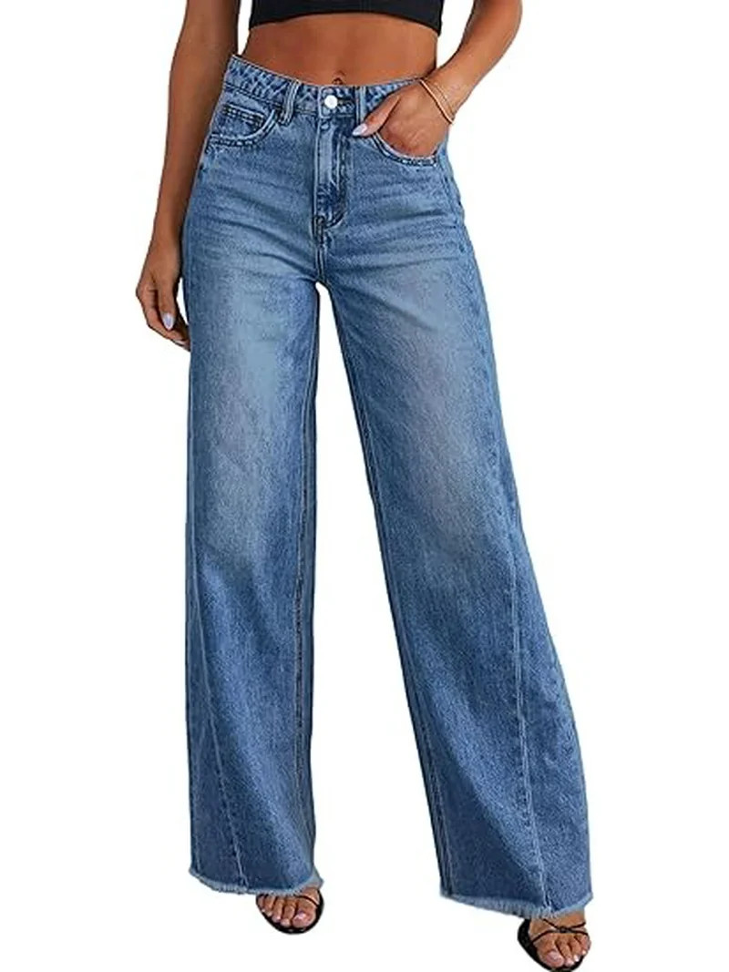 PRETTYGARDEN Wide Leg Jeans for Women Trendy High Waisted Stretchy Baggy Raw Hem Denim Palazzo Pa... | Walmart (US)