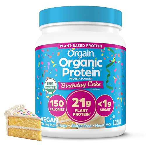 Orgain Organic Vegan Protein Powder, Birthday Cake - 21g Plant Based Protein, 7g Prebiotic Fiber, Low Net Carb, No Lactose Ingredients, No Added Sugar, Non-GMO, for Shakes & Smoothies, 1.02 lb | Amazon (US)