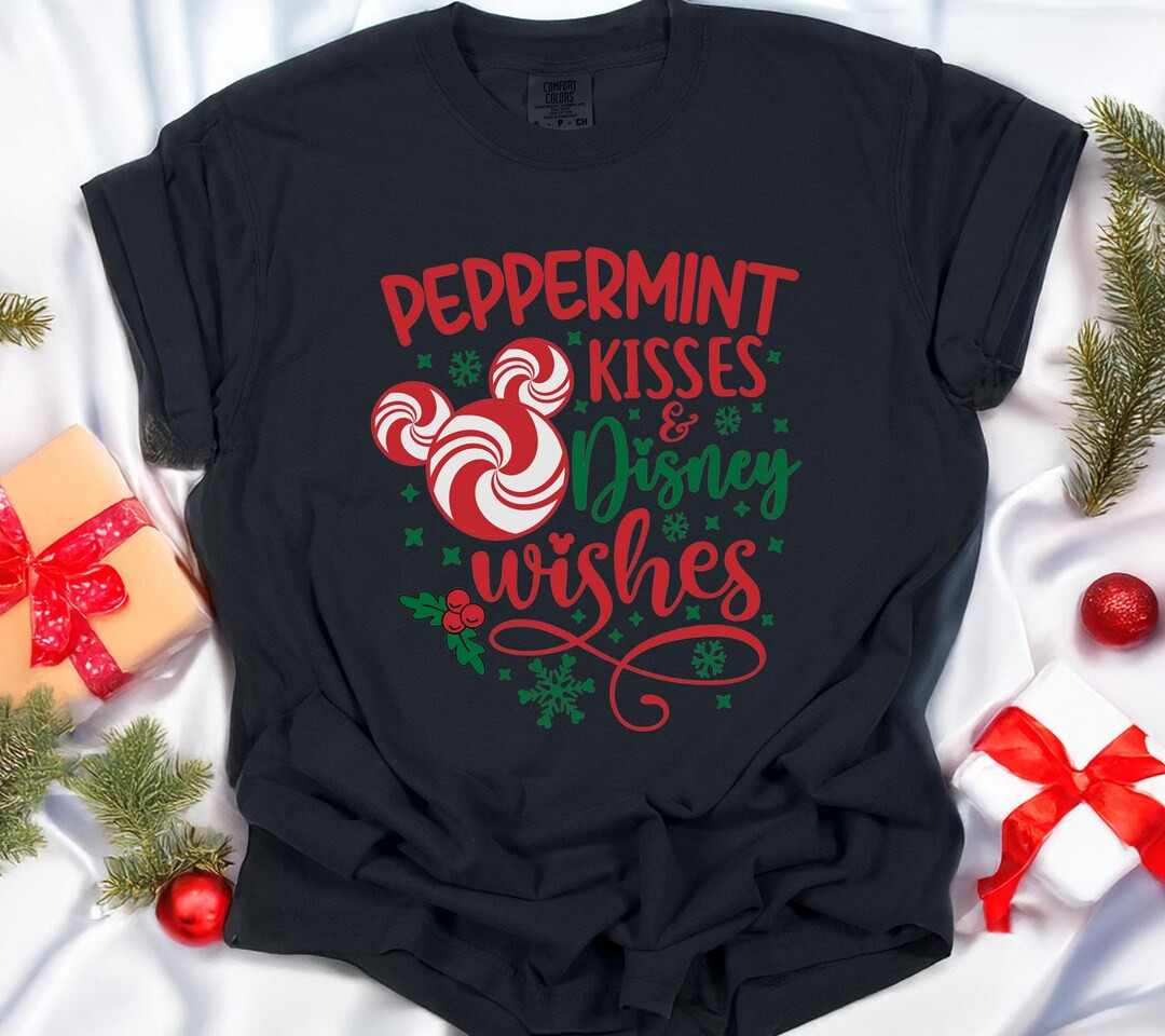 Disney Christmas Shirt, Comfort Colors Peppermint Kisses and Disney Wishes Shirt, Mickey Christma... | Etsy (US)
