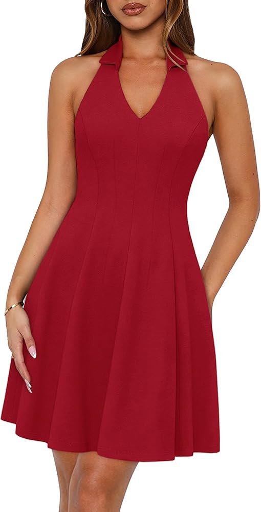 Lazysmile Summer Dresses for Women Sleeveless Halter Lapel V Neck Backless A Line Formal Cocktail... | Amazon (US)