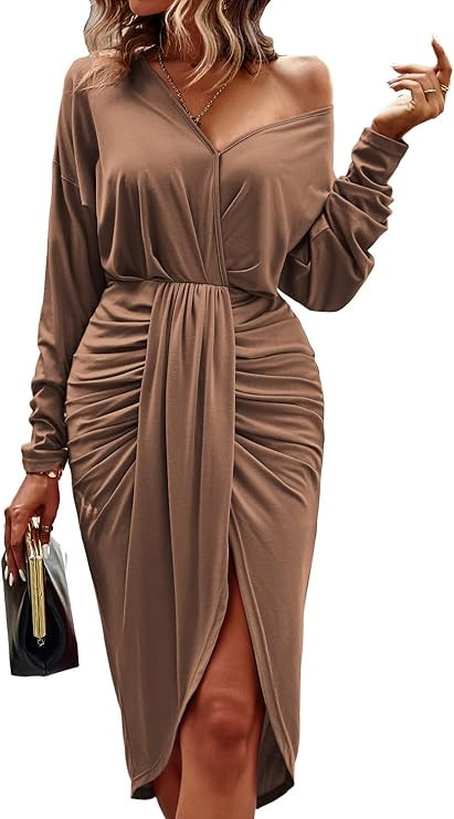 PRETTYGARDEN Women's Ruched Wrap Dress Long Sleeve V Neck Split Hem Draped Front Midi Bodycon Dre... | Amazon (US)