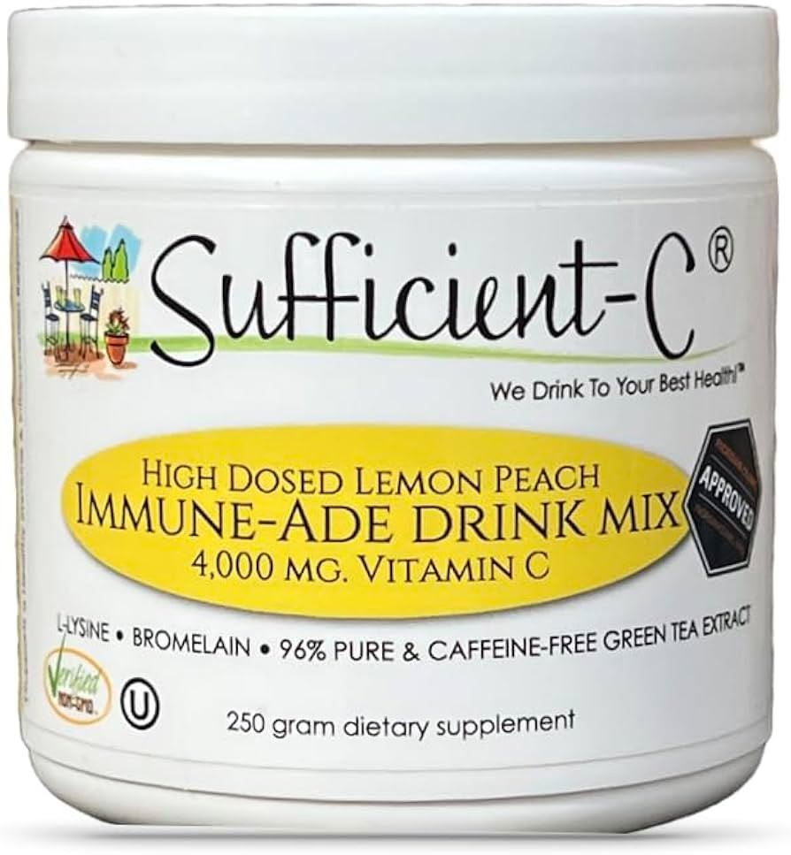 Sufficient-C High-Dosed 4000 mg. Vitamin C Lemon Peach Immune-Ade Drink Mix 250 gram Size - Refre... | Amazon (US)
