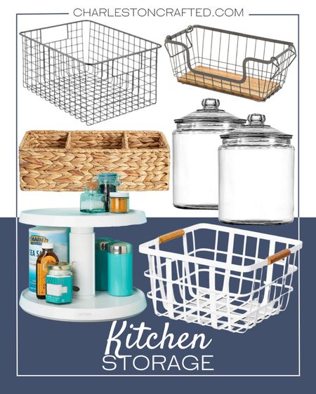 Kitchen storage options include wire basket, glass apothecary jars, wire basket storage, woven wicker basket, double lazy Susan.

Home decor, home storage, home organization, pantry organization 

#LTKunder50 #LTKstyletip #LTKhome