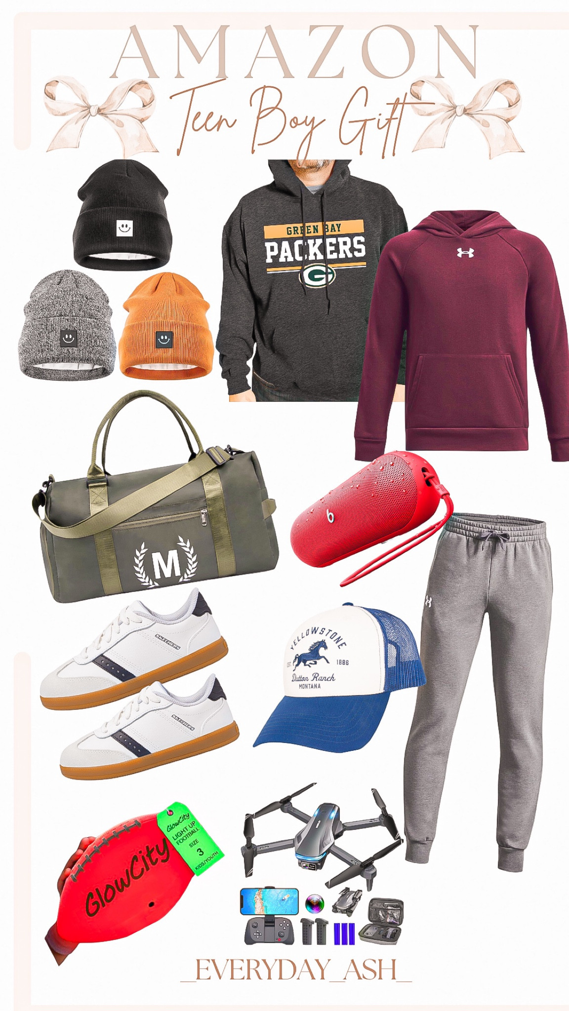 Gift guide - teen boy 🎁🎄

Gift for him, teen gifts, beanies, Amazon finds, Amazon cyber sales, men’s hats, NFL sweatshirts, packers sweatshirts , under armor , duffle bag, beats portable speaker, trucker hat, men’s shoes, boys sneakers, drone, glow in the dark football 

#LTKGiftGuide #LTKCyberWeek #LTKFindsUnder100