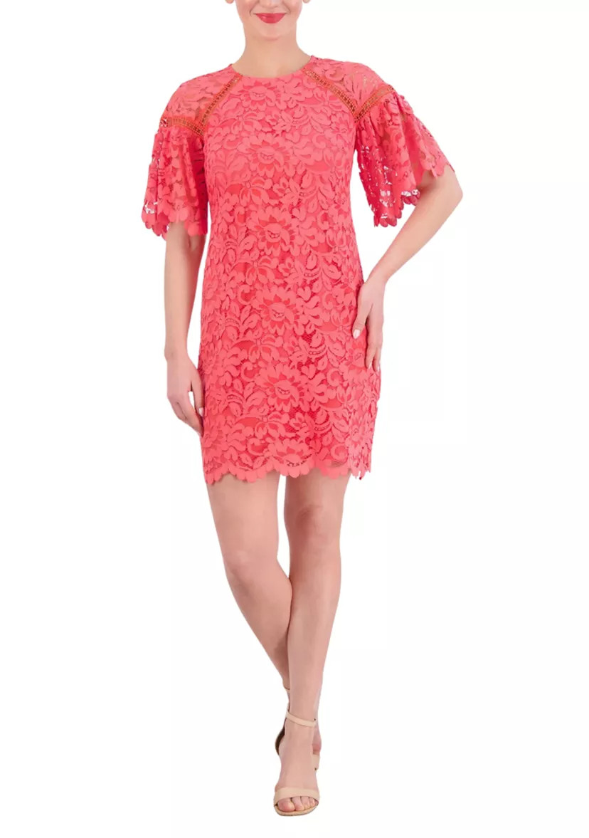 Women's Short Sleeve Lace Solid A-Line Dress | Belk