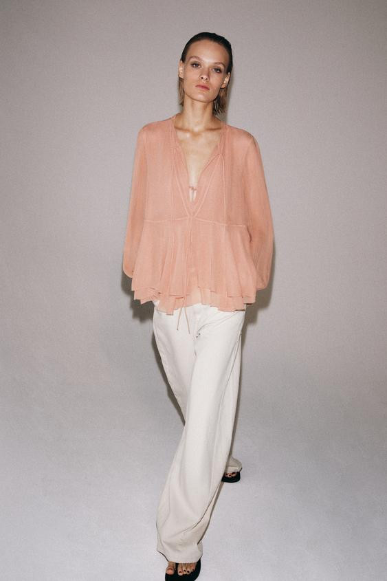 Zara - Zw Collection Ruffled Blouse - Ecru - L - Woman | Zara US