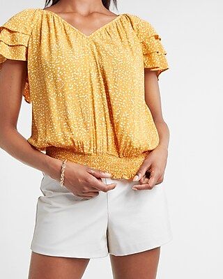 Printed Tiered Sleeve V-Neck Top | Express