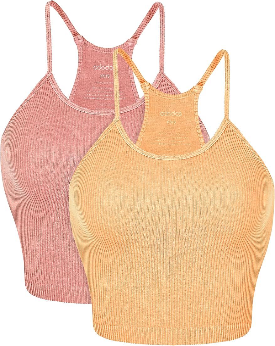 ODODOS Women's Crop 3-Pack Washed Seamless Rib-Knit Camisole Crop Tank Tops | Amazon (US)