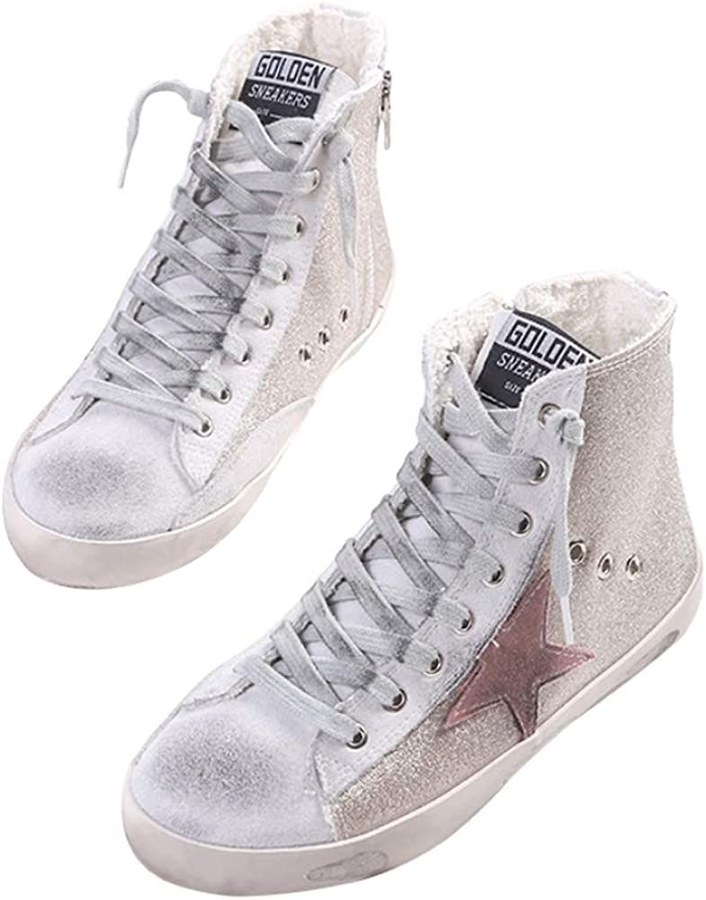 SATUKI Women's Distressed Design Lace up Star Glitter Shoes High Top Fashion Flat Sneakers | Amazon (US)